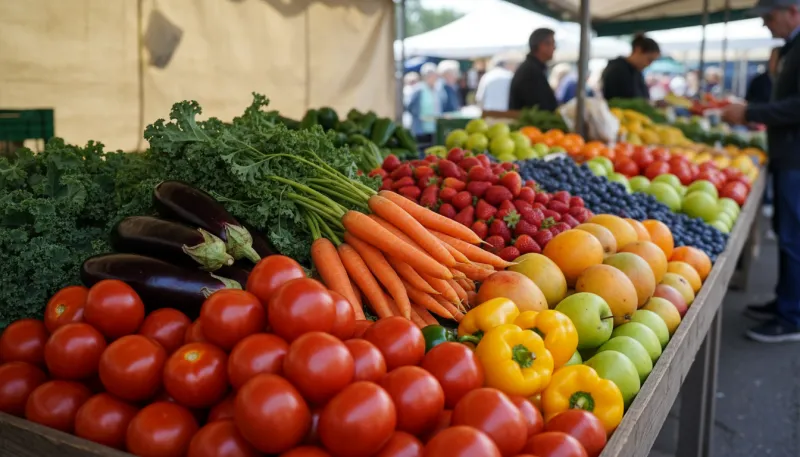 Une photo de fruits et légumes frais, colorés, non emballés, disposés en vrac sur un étal de marché