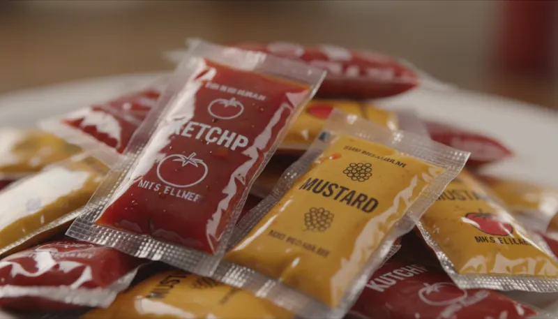 Gros plan d'un tas de petits sachets individuels en plastique contenant du ketchup et de la moutarde