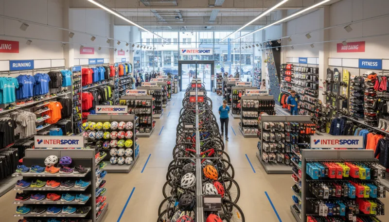 Une vue intérieure d'un grand magasin de sport Intersport, montrant de nombreux articles et équipeme