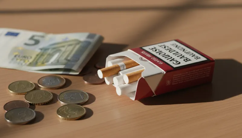 Une photo d'un paquet de cigarettes à côté de quelques euros en pièces et billets.