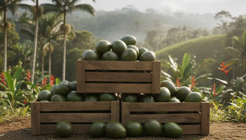 Une photo d'avocats fraîchement cueillis, empilés dans des caisses en bois, avec un arrière-plan tro