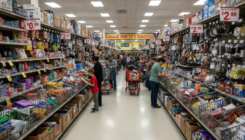 Une photo d'une allée bien achalandée d'un magasin discount, mettant en avant la variété des produit