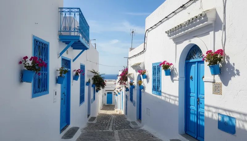 Une photo de l'architecture traditionnelle blanche et bleue de Sidi Bou Saïd en Tunisie