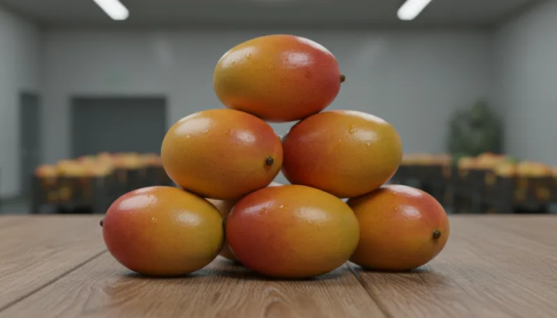 Un gros plan de mangues parfaites et brillantes, évoquant leur bonne conservation et leur qualité.