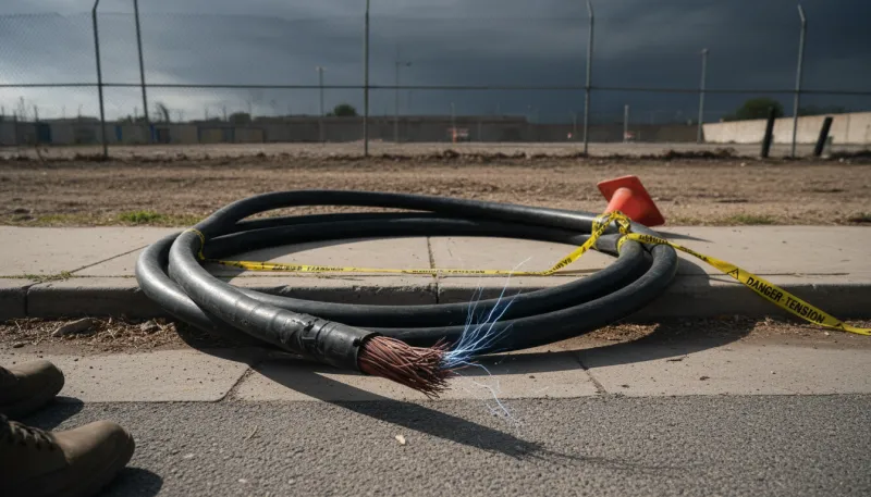 Une photo d'un gros câble électrique noir tombé au sol (sur du trottoir ou de la terre), sous la lum