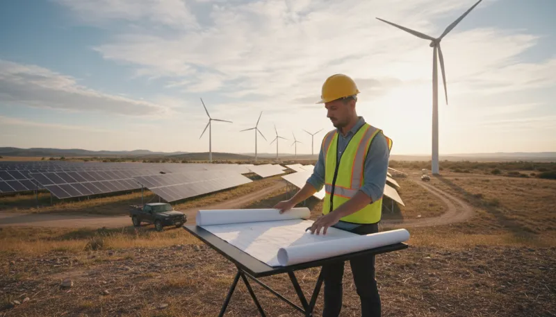 Un professionnel examinant des plans de construction devant un grand parc de panneaux solaires ou d'