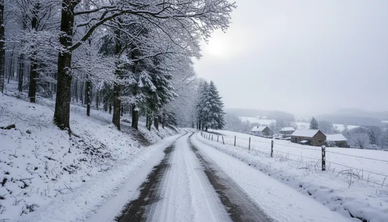 Une photo d'une route enneigée et potentiellement verglacée, typique de la région Bourgogne-Franche-