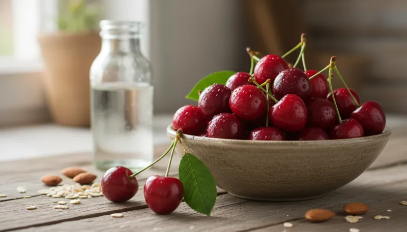 Une photo de cerises mûres et fraîches dans un bol, soulignant la fraîcheur et les qualités nutritio