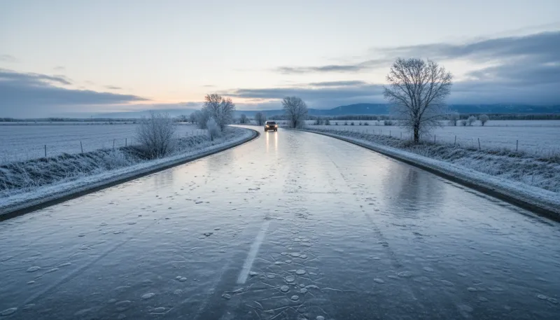 Une photo d’une route recouverte d’une fine couche de verglas