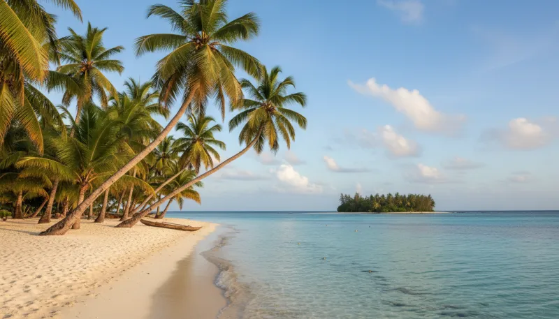 Une photo d'une belle plage tropicale avec de l'eau turquoise et des palmiers à l'île Maurice