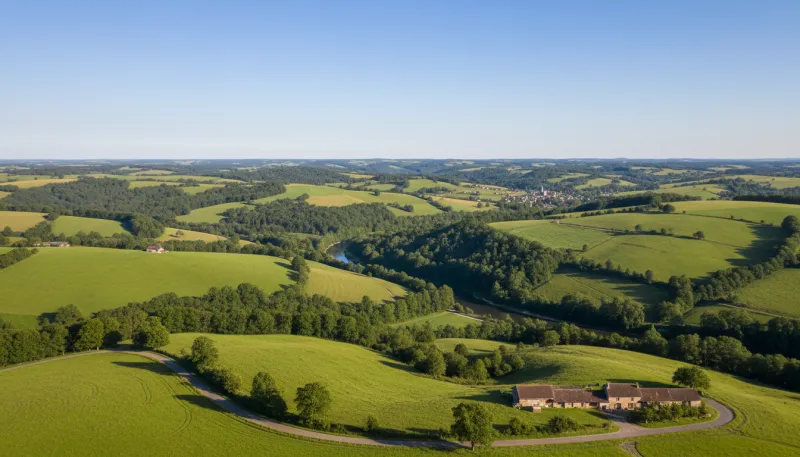Un paysage du Doubs, avec des collines verdoyantes et un ciel clair.