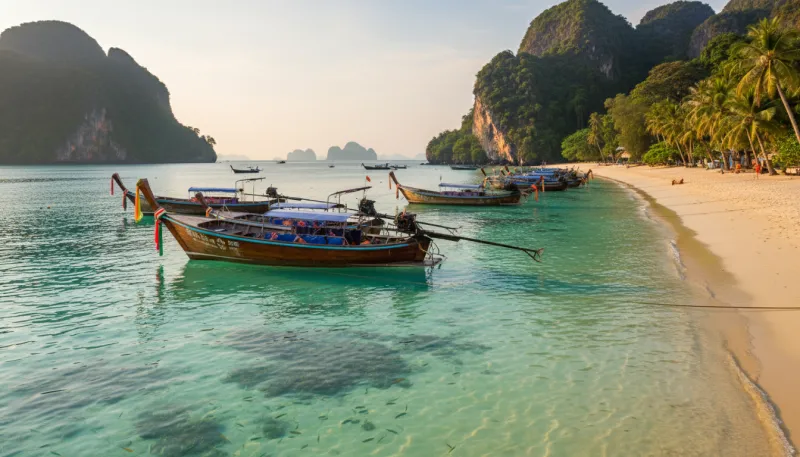 Une photo d'une plage thaïlandaise avec des bateaux traditionnels à longue queue sur une eau turquoi