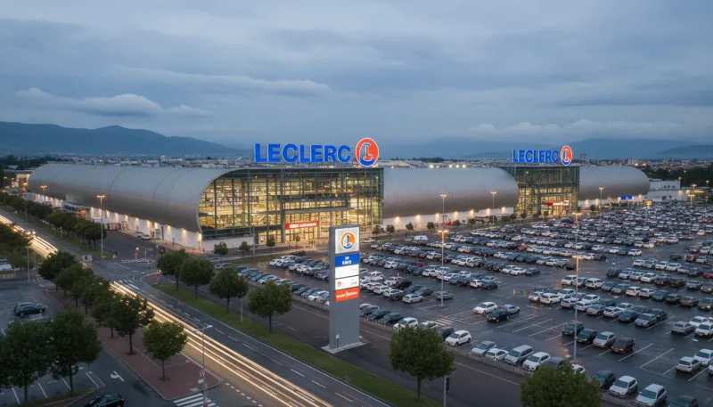 Vue extérieure d'un très grand hypermarché, le logo Leclerc est visible sur la façade, soulignant so
