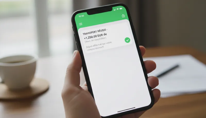 Photo d'un smartphone affichant une notification de virement bancaire ou de dépôt réussi.