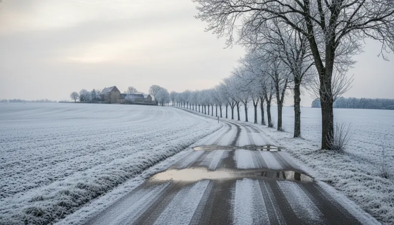 Une photo d'une légère couche de neige et de verglas sur une route ou un paysage en Île-de-France