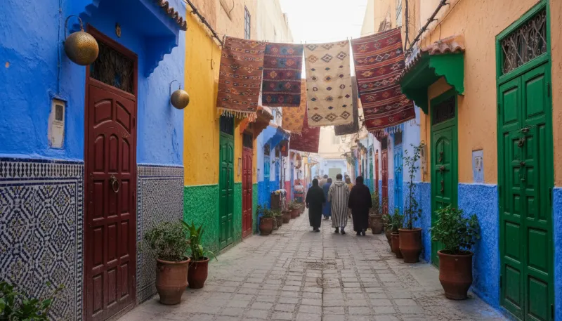 Une photo d'une ruelle colorée dans une médina marocaine