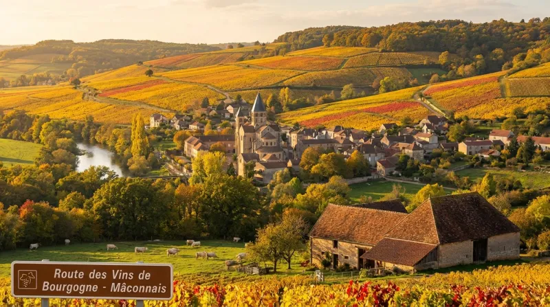 Paysage typique de Saône-et-Loire avec des vignobles et des collines