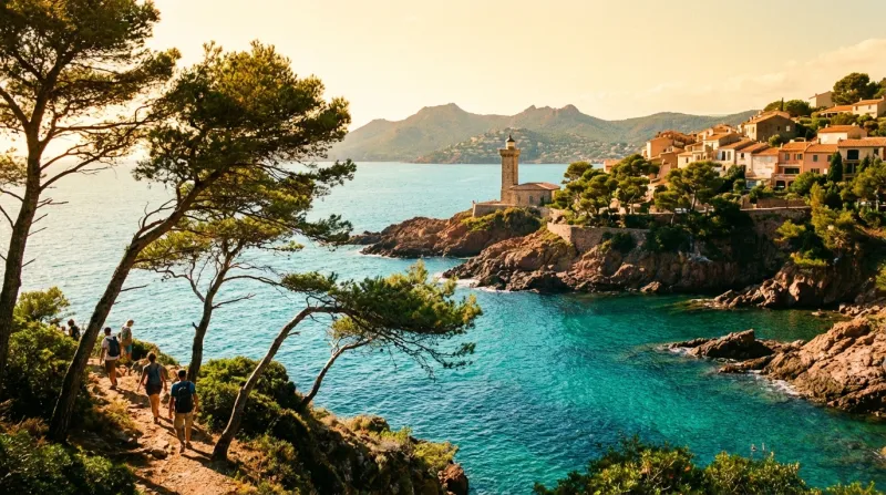 Une photo d'un paysage côtier ensoleillé avec des pins maritimes dans le département du Var
