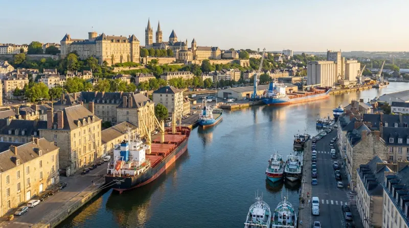 Une photo panoramique de la ville de Caen, montrant un monument historique près d'un canal ou d'un p