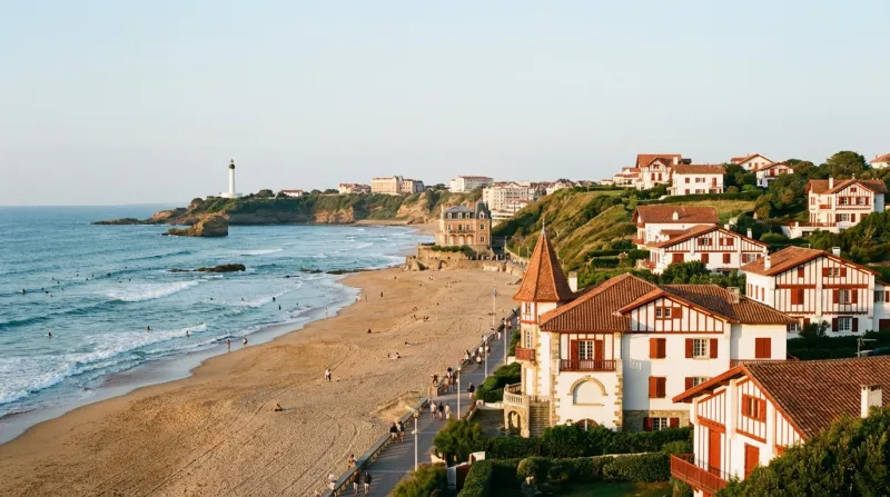 Une photo du littoral d'Anglet, sur la Côte Basque, avec l'océan, la plage et de l'architecture typi