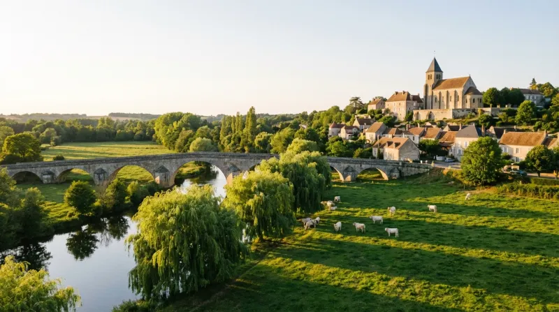 Une photo d'un paysage de campagne dans la Nièvre (58) au bord d'une rivière