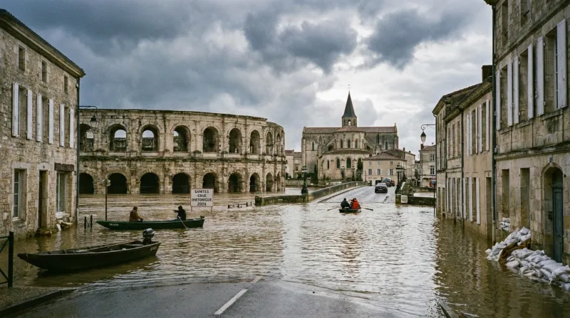 Une photo de la ville de Saintes avec des niveaux d'eau historiquement élevés