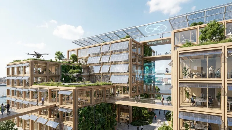 Une photo d'une architecture danoise moderne intégrant des éléments de haute technologie, symbolisan