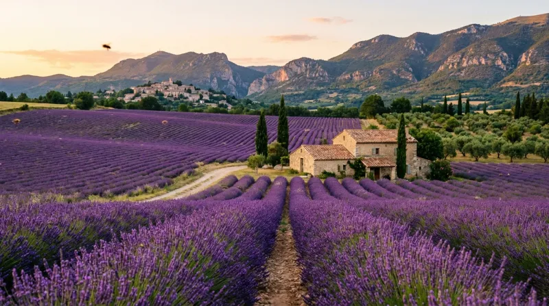 Une photo d'un paysage de champs de lavande en fleurs dans les Alpes-de-Haute-Provence