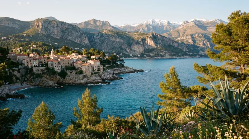 Une photo d'un paysage côtier des Alpes-Maritimes avec la mer Méditerranée et les montagnes en arriè
