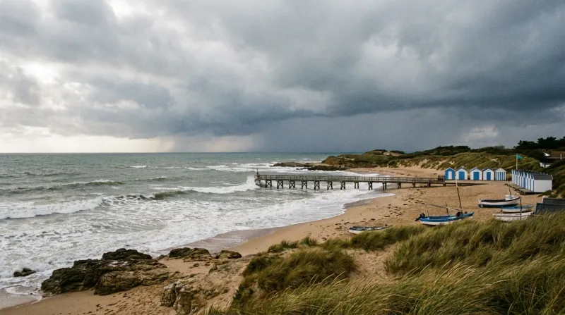 Une photo d'un paysage côtier de la Vendée sous un ciel nuageux
