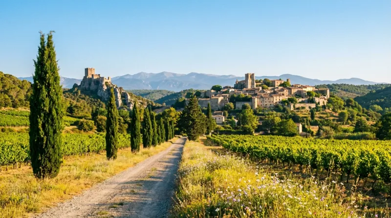 Une photo d'un paysage typique et ensoleillé dans le département de l'Aude