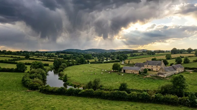 Une photo d'un paysage typique de la Sarthe avec un ciel contrasté