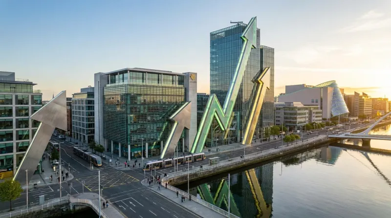 Une photo d'un quartier d'affaires moderne à Dublin avec des flèches montantes symbolisant la croiss