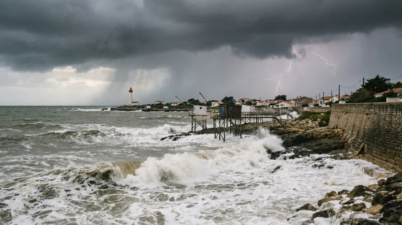 Une photo du littoral de la Charente-Maritime sous un ciel chargé avec des vagues sur la côte