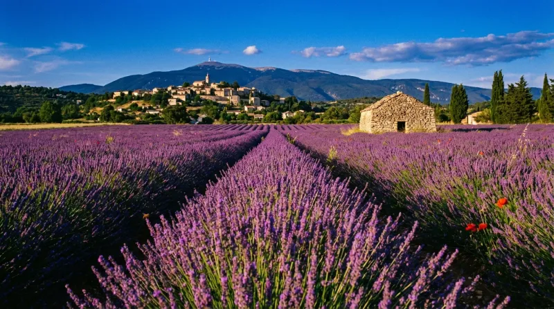 Une photo d'un champ de lavande en fleurs typique du Vaucluse sous un ciel bleu