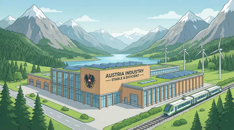 Une illustration d'une usine moderne et propre en Autriche, entourée par les Alpes, symbolisant la s