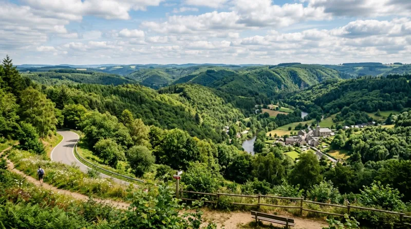 Une photo d'un paysage de forêt et de collines verdoyantes dans les Ardennes