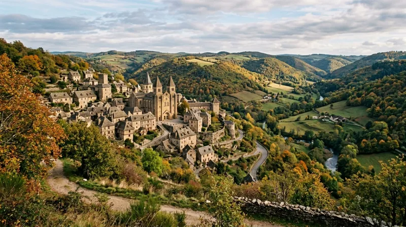 Une photo d’un paysage vallonné de l’Aveyron avec un village médiéval en pierre