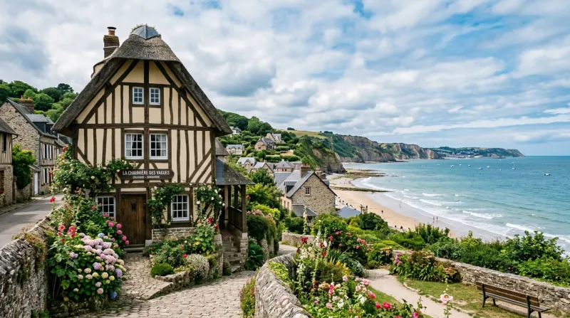 Une photo d'un paysage de bord de mer ou d'une maison à colombages typique du Calvados
