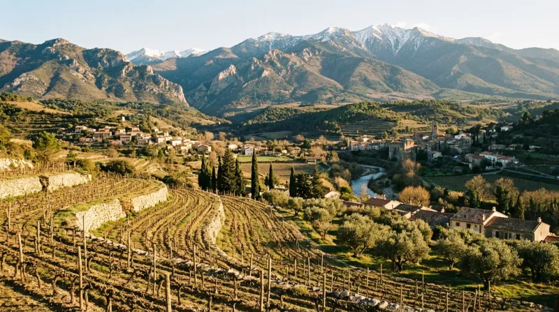 Une photo d'un paysage ensoleillé mêlant les montagnes des Pyrénées-Orientales et les vignobles de l