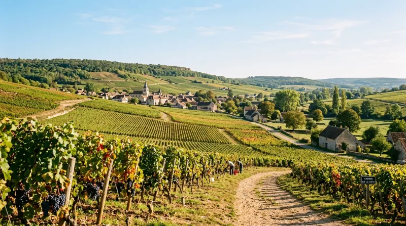 Une photo d'un vignoble ensoleillé dans la région de la Côte-d'Or
