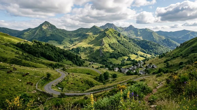 Une photo d'un paysage de montagnes verdoyantes dans le Cantal
