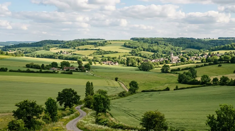 Une photo d'un paysage typique du département de l'Aisne avec ses champs et ses collines verdoyantes