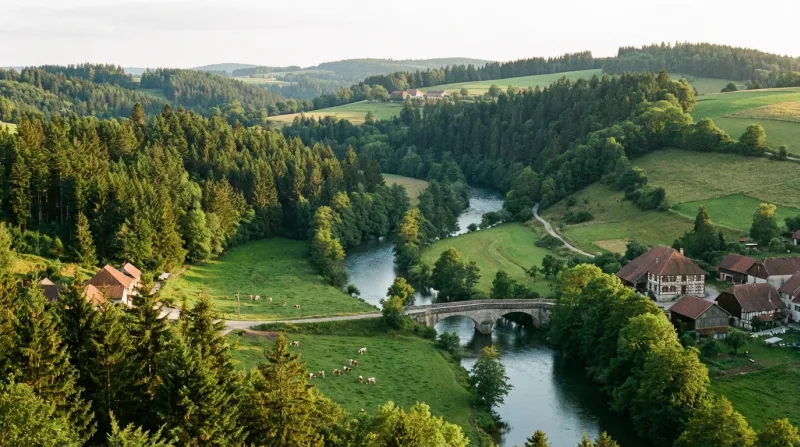 Une photo d'un paysage naturel verdoyant dans le département du Doubs avec une rivière et des forêts