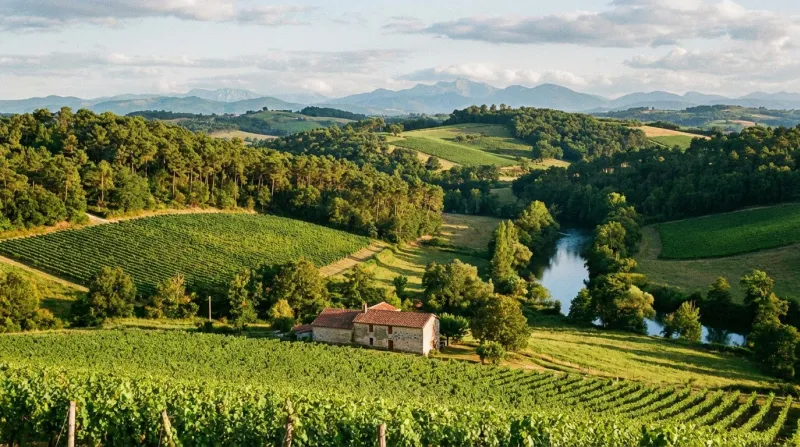 Une photo d'un paysage naturel typique du Sud-Ouest de la France montrant des pins et des collines v