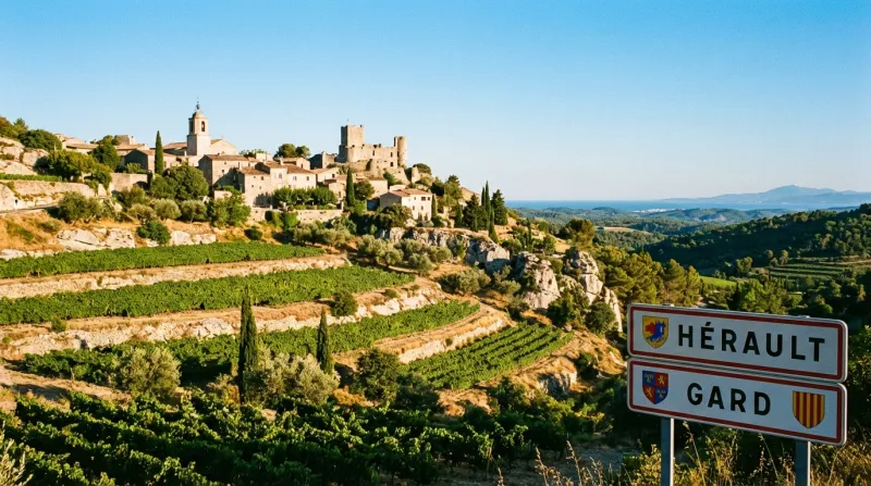 Une photo d'un paysage ensoleillé avec des vignobles et des collines typiques du sud de la France, r
