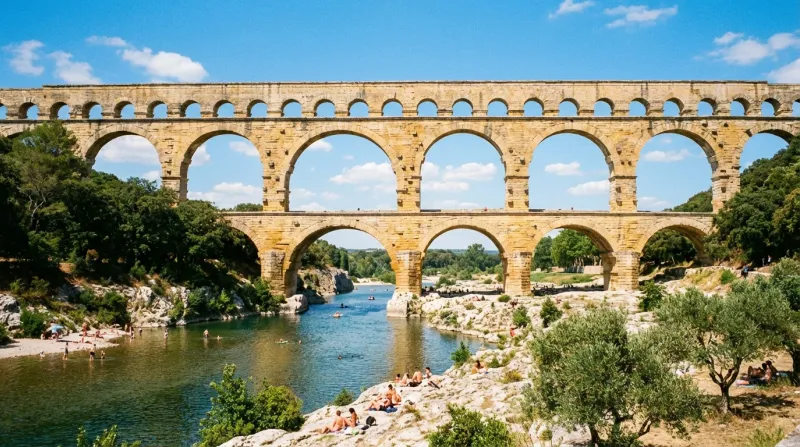 Une photo du célèbre aqueduc romain le Pont du Gard traversant le Gardon sous un ciel bleu