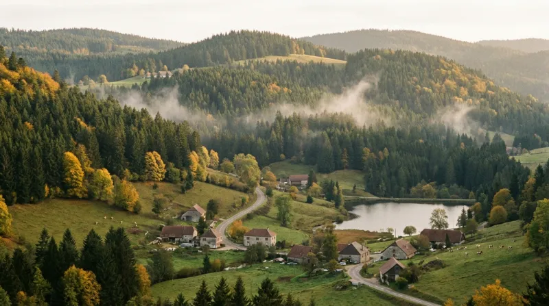 Une photo d'un paysage de montagnes et de forêts de sapins dans le Jura