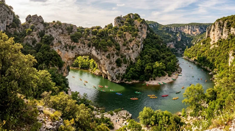 Une photo des paysages naturels des gorges de l'Ardèche avec le célèbre Pont d'Arc