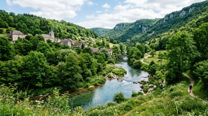 Une photo d'un paysage naturel verdoyant dans le département du Doubs avec une rivière